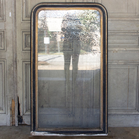 Very Distressed Antique French Louis Philippe Mirror with Black & Gilt Frame