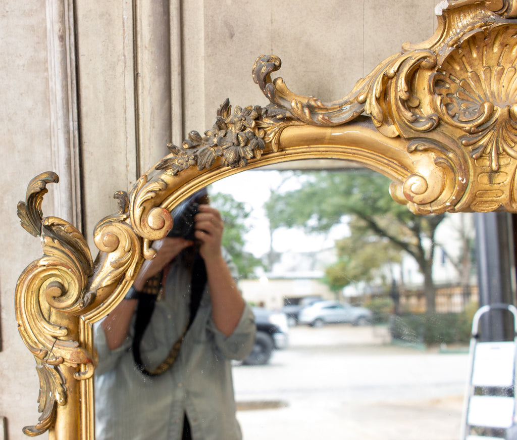 Antique Gilt Full-Length Mirror with Decorative Carvings and Shell Cartouche