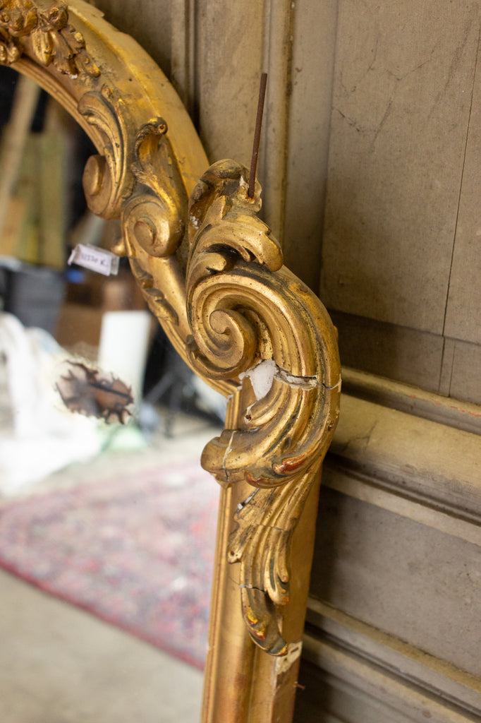Antique Gilt Full-Length Mirror with Decorative Carvings and Shell Cartouche