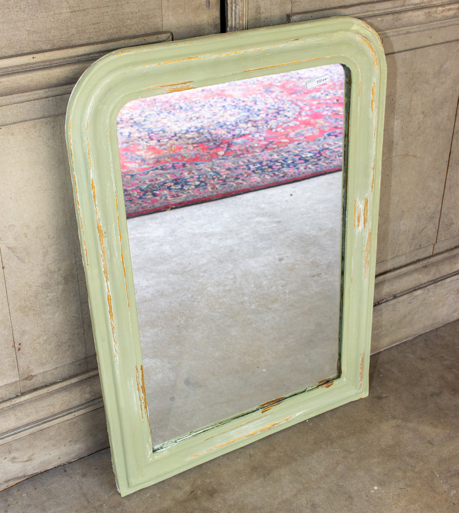 Small Painted Antique French Louis Philippe Mirror in Light Green & Gold Finish