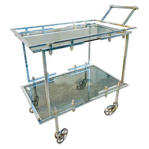 Vintage French Chrome & Smoky Glass Bar Cart ca. 1970