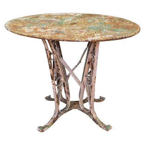 1920s Patinated French Painted Metal Garden Table with Worked Iron Base