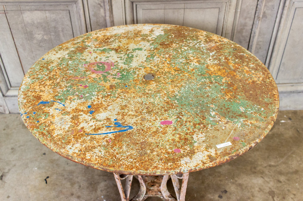 1920s Patinated French Painted Metal Garden Table with Worked Iron Base