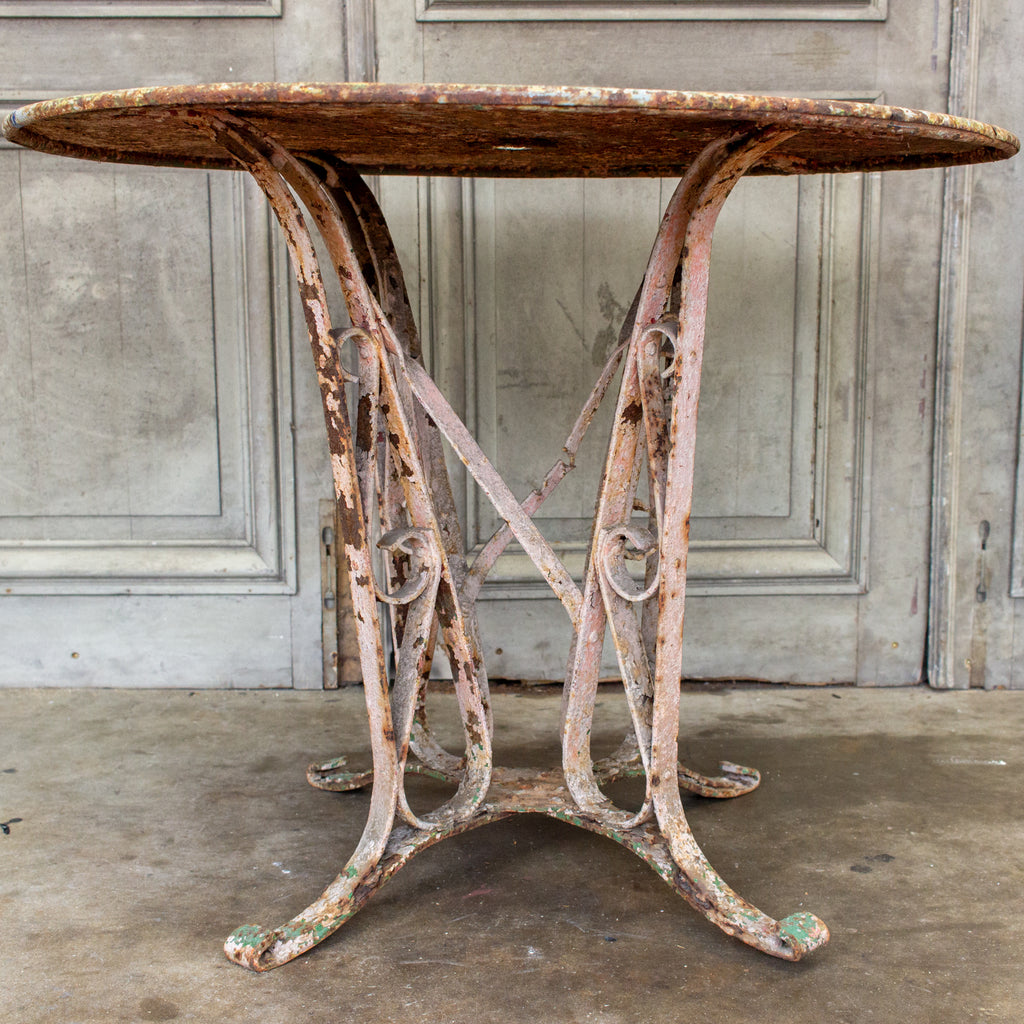 1920s Patinated French Painted Metal Garden Table with Worked Iron Base