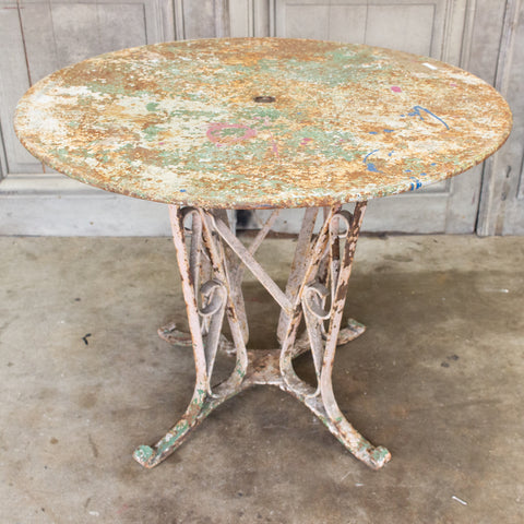 1920s Patinated French Painted Metal Garden Table with Worked Iron Base