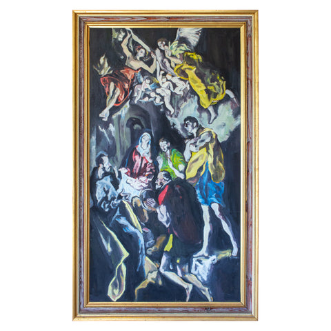 Vintage Spanish Religious Nativity Painting on Wood in Gilt Frame