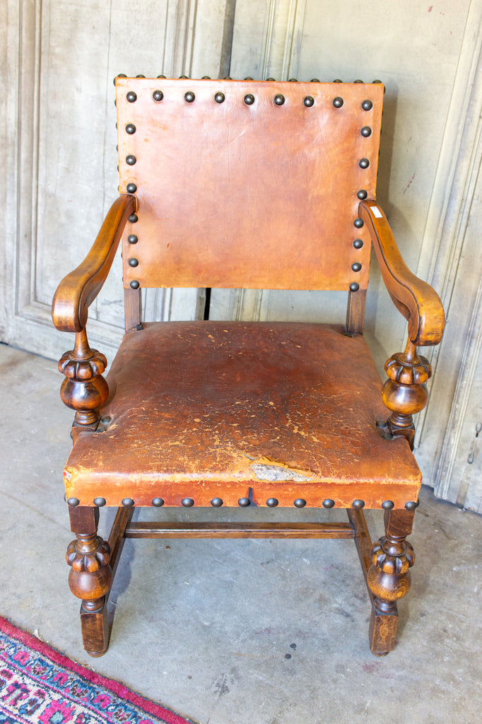 Antique Spanish Leather & Wood Armchair with Brass Nailhead Details