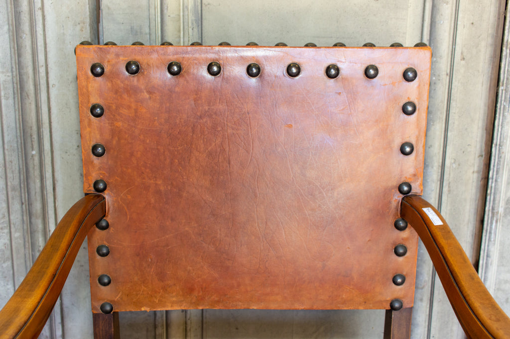 Antique Spanish Leather & Wood Armchair with Brass Nailhead Details