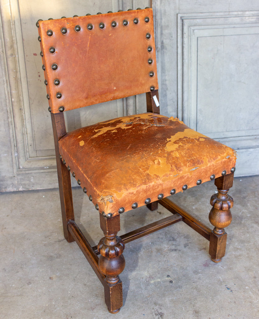 Antique Spanish Leather Side Chair with Brass Nailhead Detail