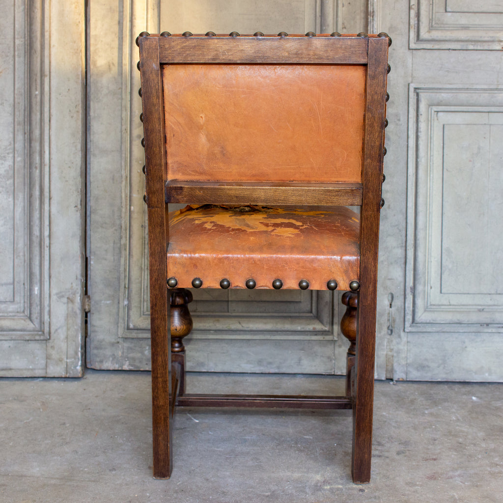 Antique Spanish Leather Side Chair with Brass Nailhead Detail