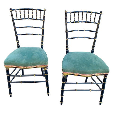 Antique French Black & Gold Chinoiserie Style Chairs with Green Suede Seat