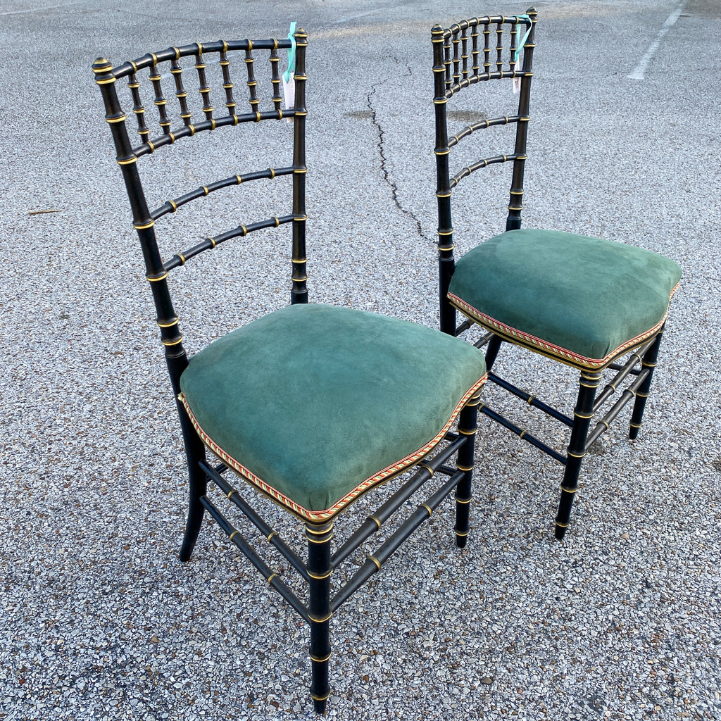 Antique French Black & Gold Chinoiserie Style Chairs with Green Suede Seat