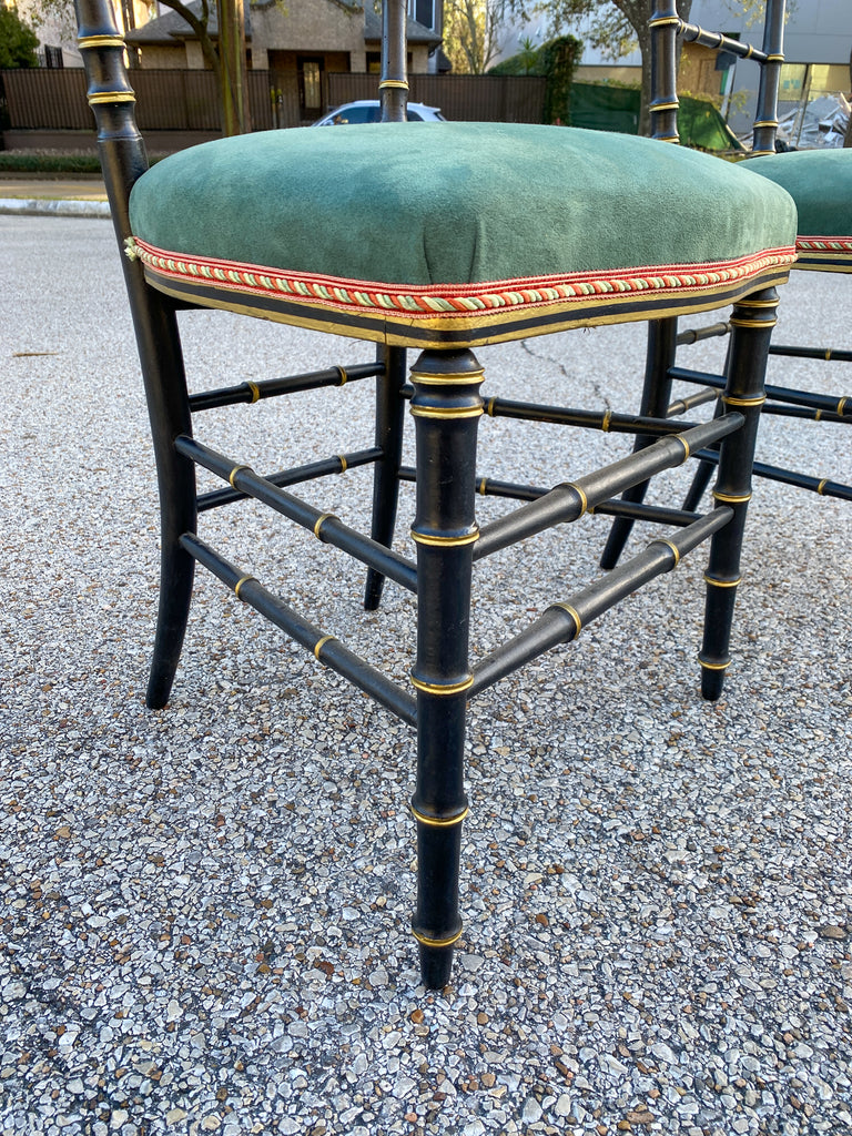 Antique French Black & Gold Chinoiserie Style Chairs with Green Suede Seat