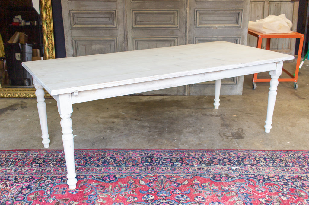 Large Pine Farm Table and Worktable with Drawer in Whitewash Painted Finish