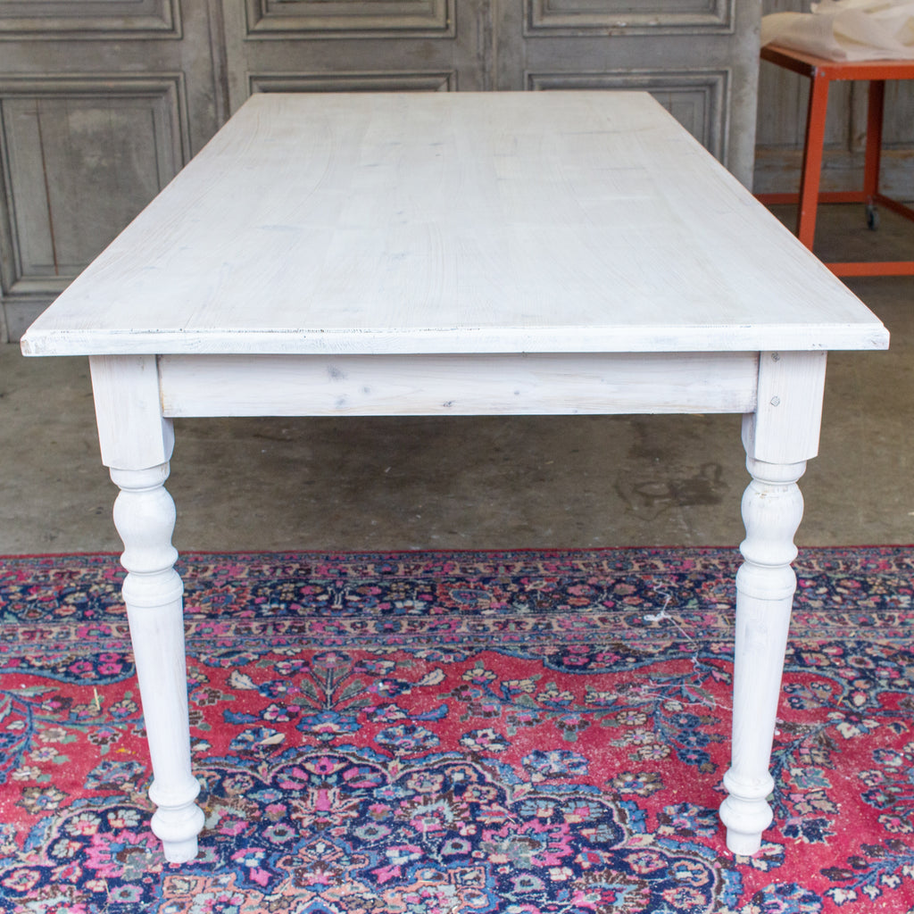Large Pine Farm Table and Worktable with Drawer in Whitewash Painted Finish