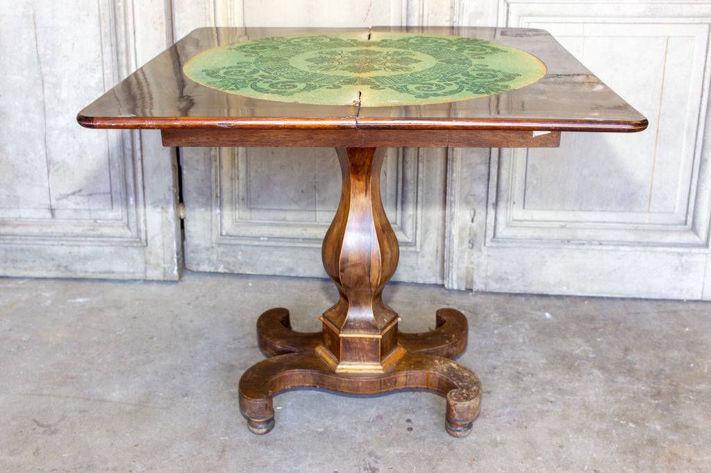 Antique French Folding Game Table Console with Inlaid Details and Velvet
