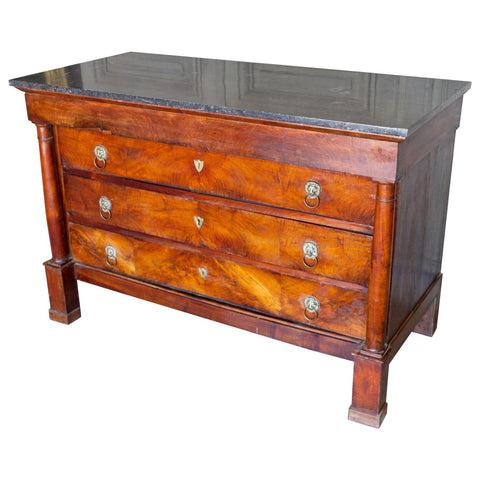 Antique French Empire Style Chest with Fossilized Marble Top & Lion Hardware