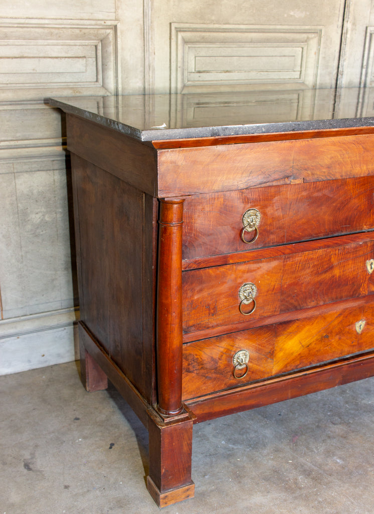 Antique French Empire Style Chest with Fossilized Marble Top & Lion Hardware