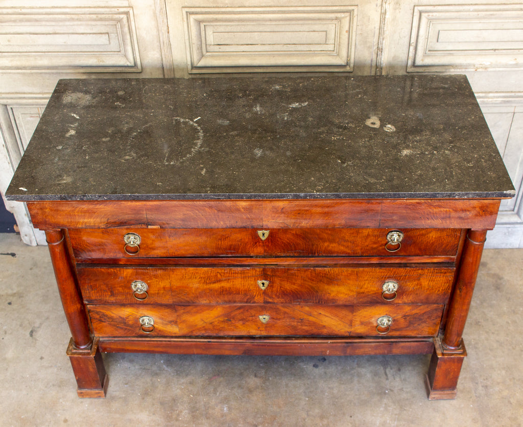Antique French Empire Style Chest with Fossilized Marble Top & Lion Hardware