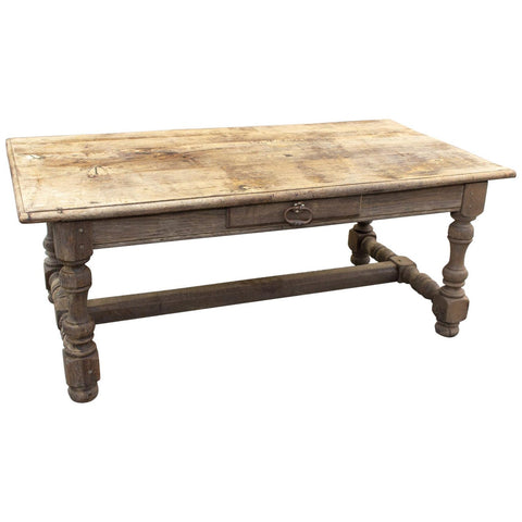 1920s French Distressed Oak Coffee Table with Drawer