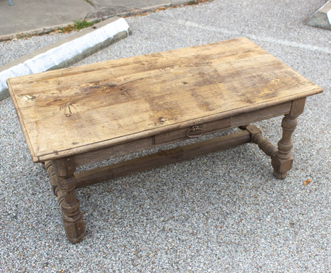 1920s French Distressed Oak Coffee Table with Drawer