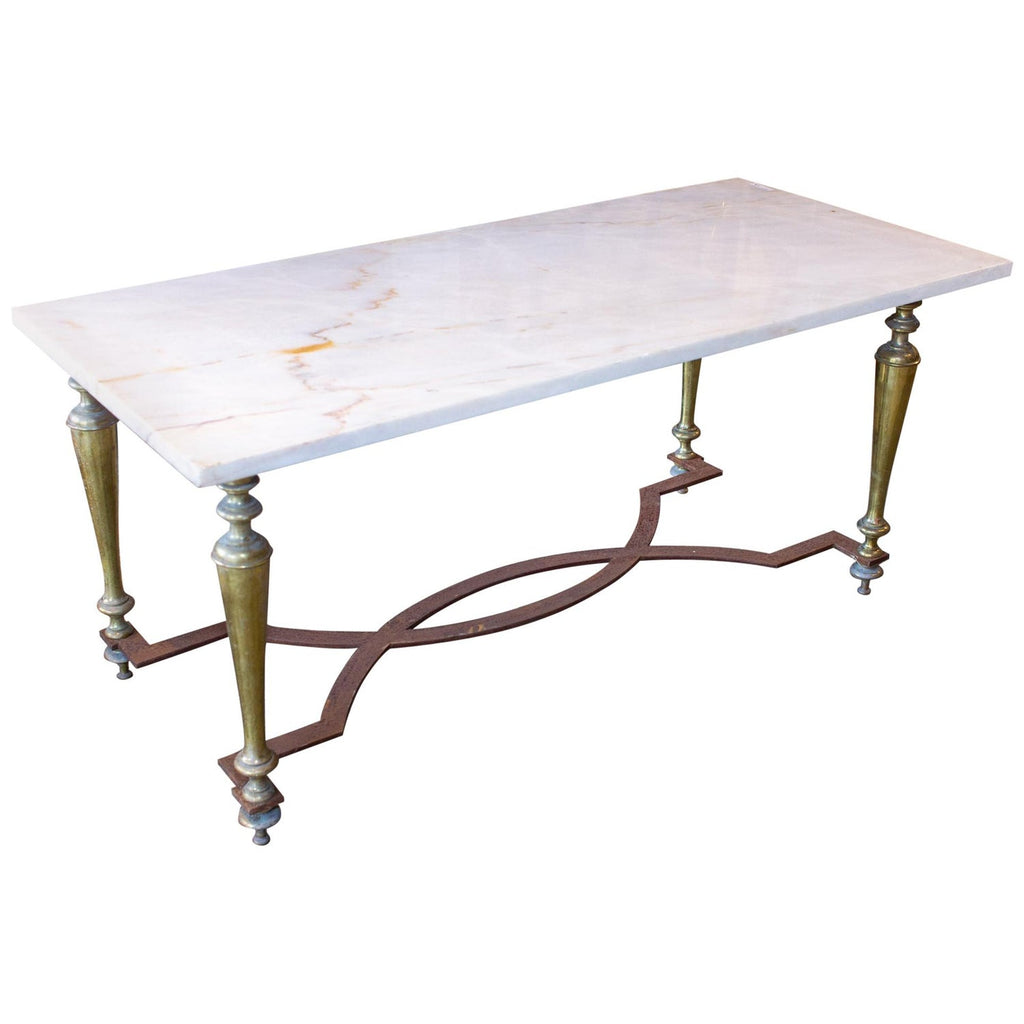 Antique French Brass & White Marble Coffee & Cocktail Table ca. 1900