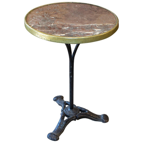 Antique French Bistro Table with Brown Marble & Brass Top on Iron Base