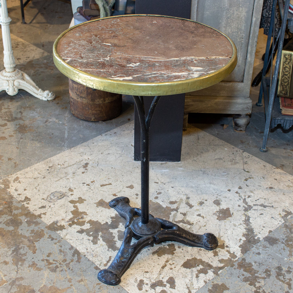 Antique French Bistro Table with Brown Marble & Brass Top on Iron Base