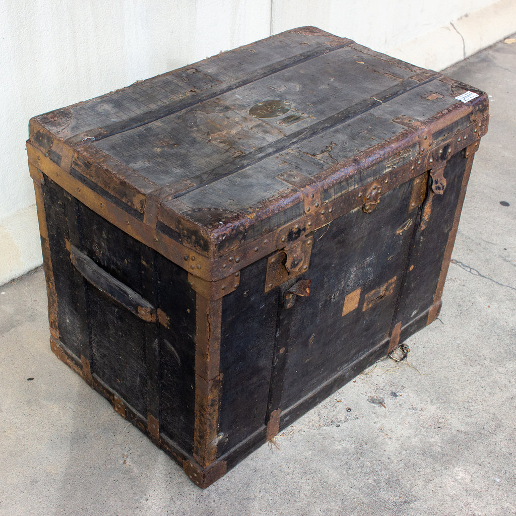 19th Century Distressed Black Canvas and Leather Trunk with Monogrammed Detail