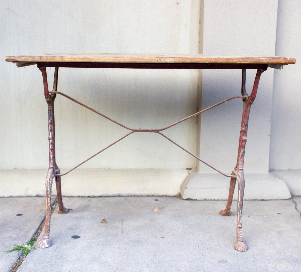 Antique French Distressed Garden Bistro Table with Red Iron Base