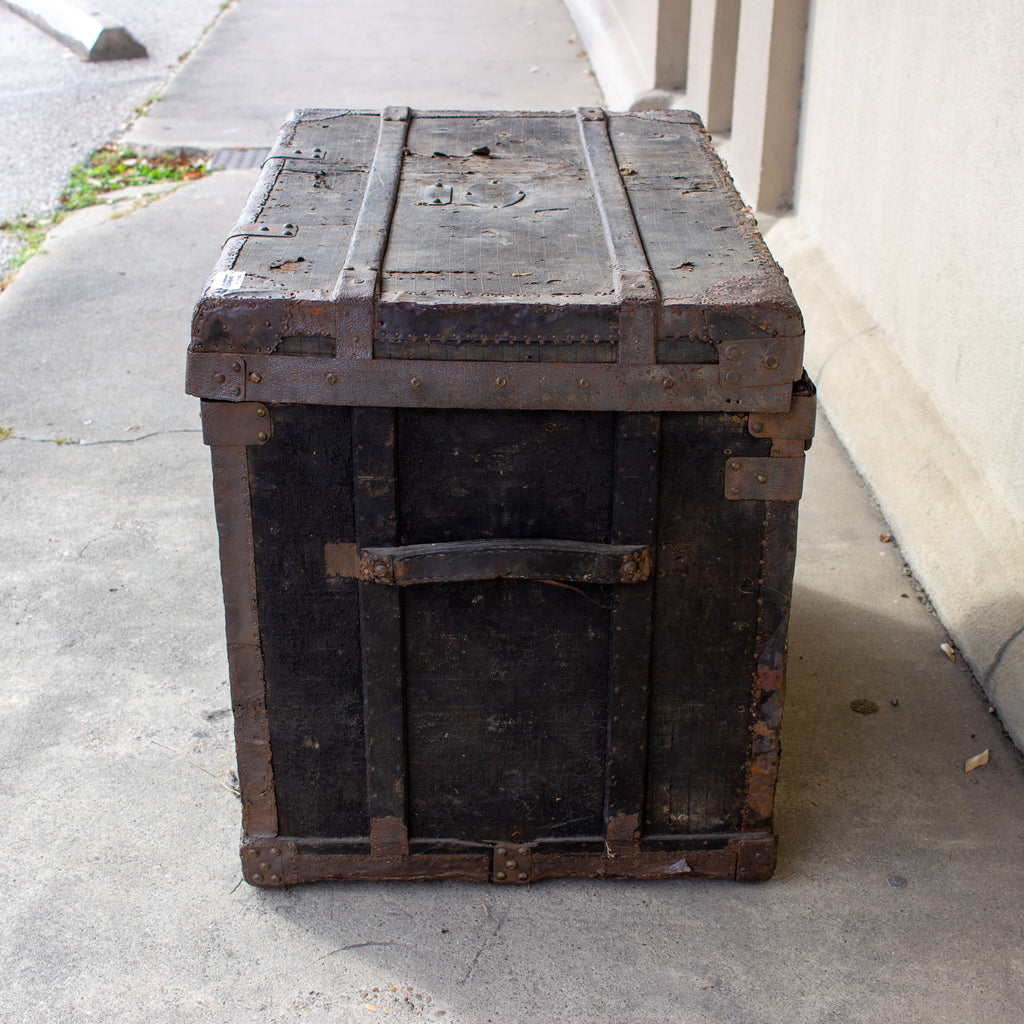 19th Century Distressed Black Canvas and Leather Trunk with Monogrammed Detail