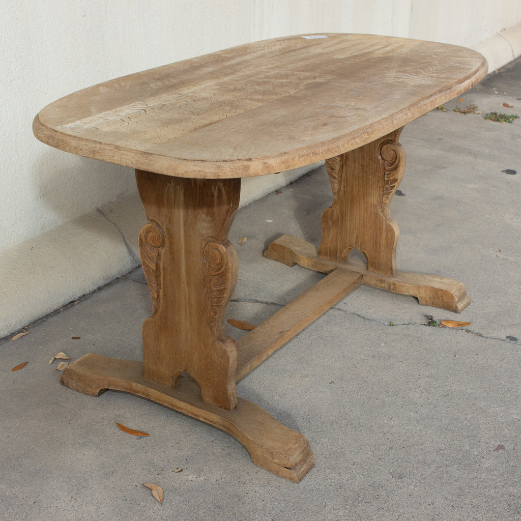 Vintage Stripped French Oak Ovular Coffee Table with Carved Details