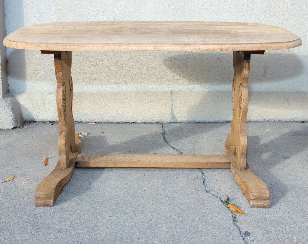 Vintage Stripped French Oak Ovular Coffee Table with Carved Details