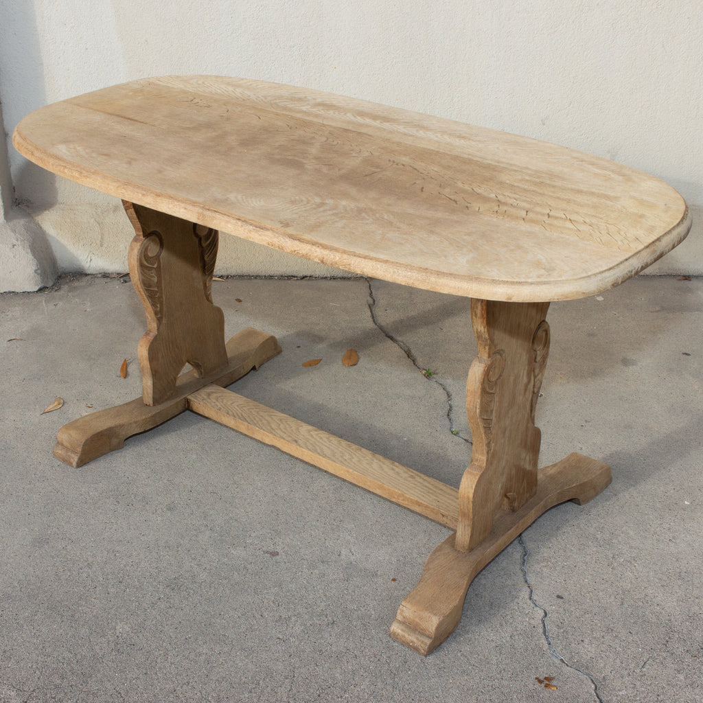Vintage Stripped French Oak Ovular Coffee Table with Carved Details
