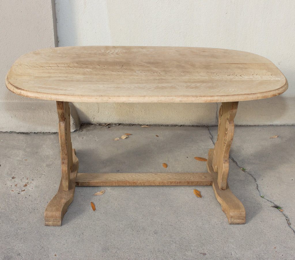 Vintage Stripped French Oak Ovular Coffee Table with Carved Details