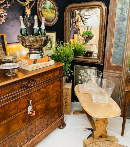 Vintage Stripped French Oak Ovular Coffee Table with Carved Details