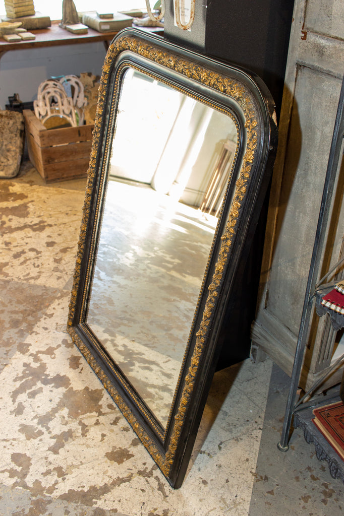 Antique French Black & Gold Louis Philippe Mirror with Floral Detail