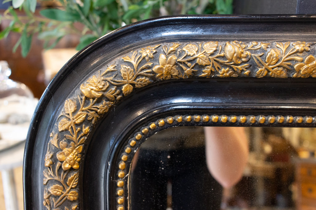 Antique French Black & Gold Louis Philippe Mirror with Floral