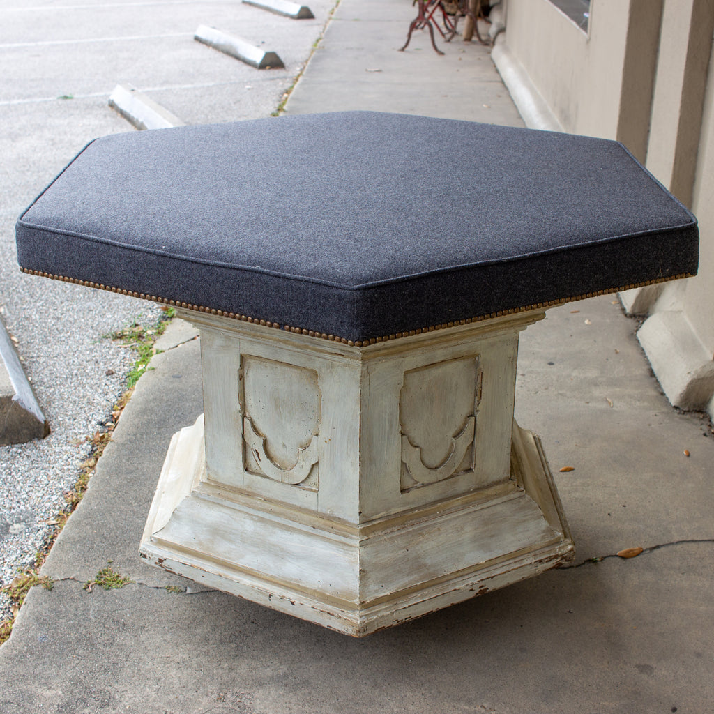 Antique French Ecclesial Hexagonal-Shaped Ottoman with Gray Wool Upholstery