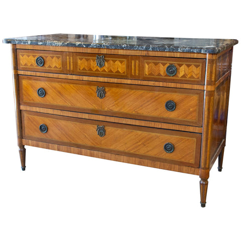 Antique French Louis XVI Commode with Veneer Marquetry & Belgian Marble Top