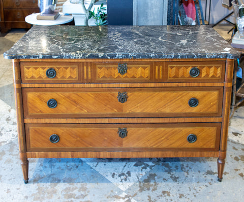 Antique French Louis XVI Commode with Veneer Marquetry & Belgian Marble Top