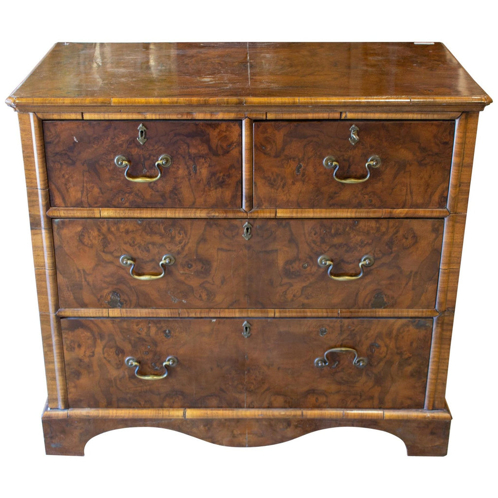Vintage French Chest of Drawers with Burled Wood Veneer and Brass Hardware