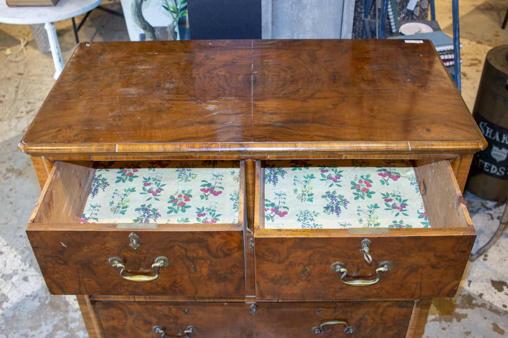 Vintage French Chest of Drawers with Burled Wood Veneer and Brass Hardware