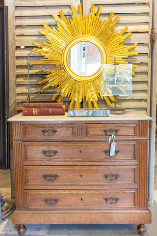 Petite Antique French Carved Wood Chest of Drawers with White Marble Top