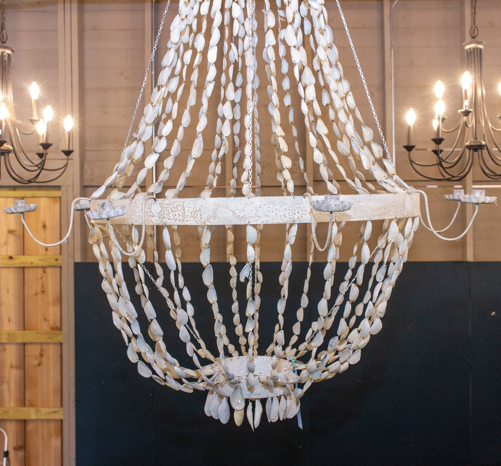 Vintage Spanish Painted Metal & Seashell Chandelier with 8 Candelabra Arms