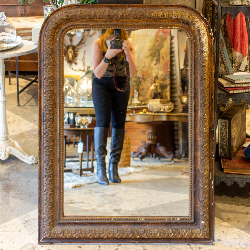 Antique French Distressed Finish Louis Philippe Mirror with Floral Details