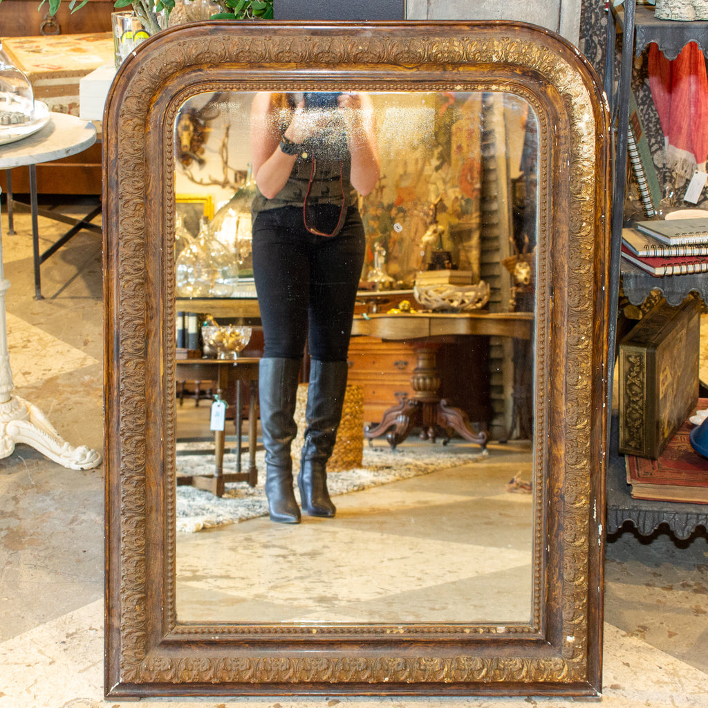 Antique French Distressed Finish Louis Philippe Mirror with Floral Details