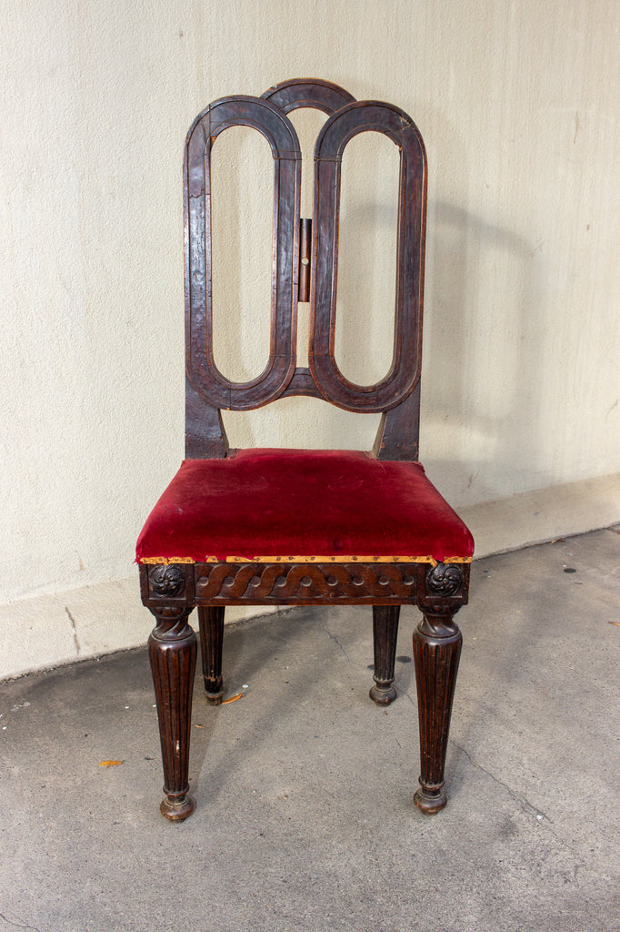 Antique French Oak Dining Chair with Red Velvet Seat