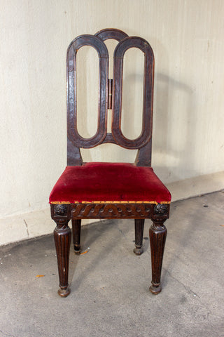 Antique French Oak Dining Chair with Red Velvet Seat