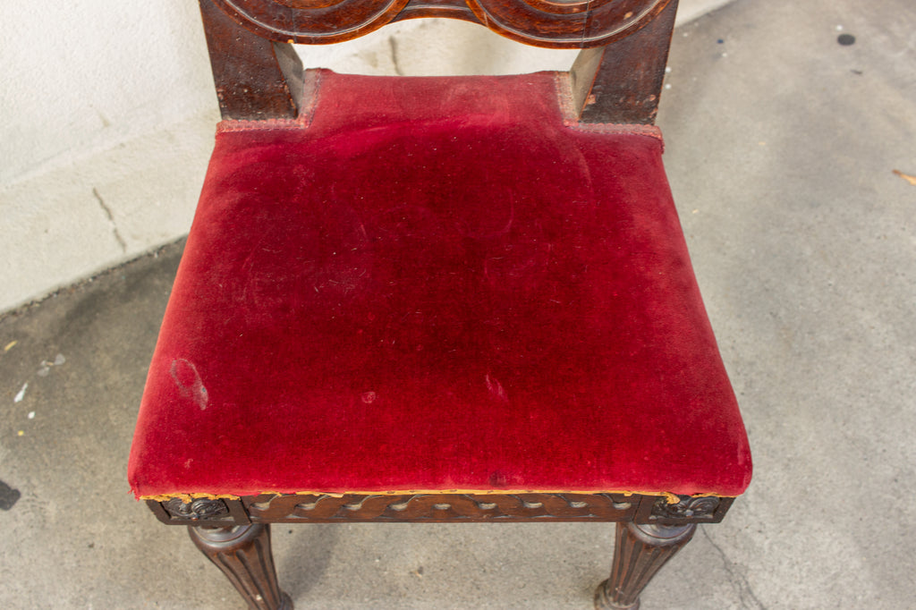 Antique French Oak Dining Chair with Red Velvet Seat